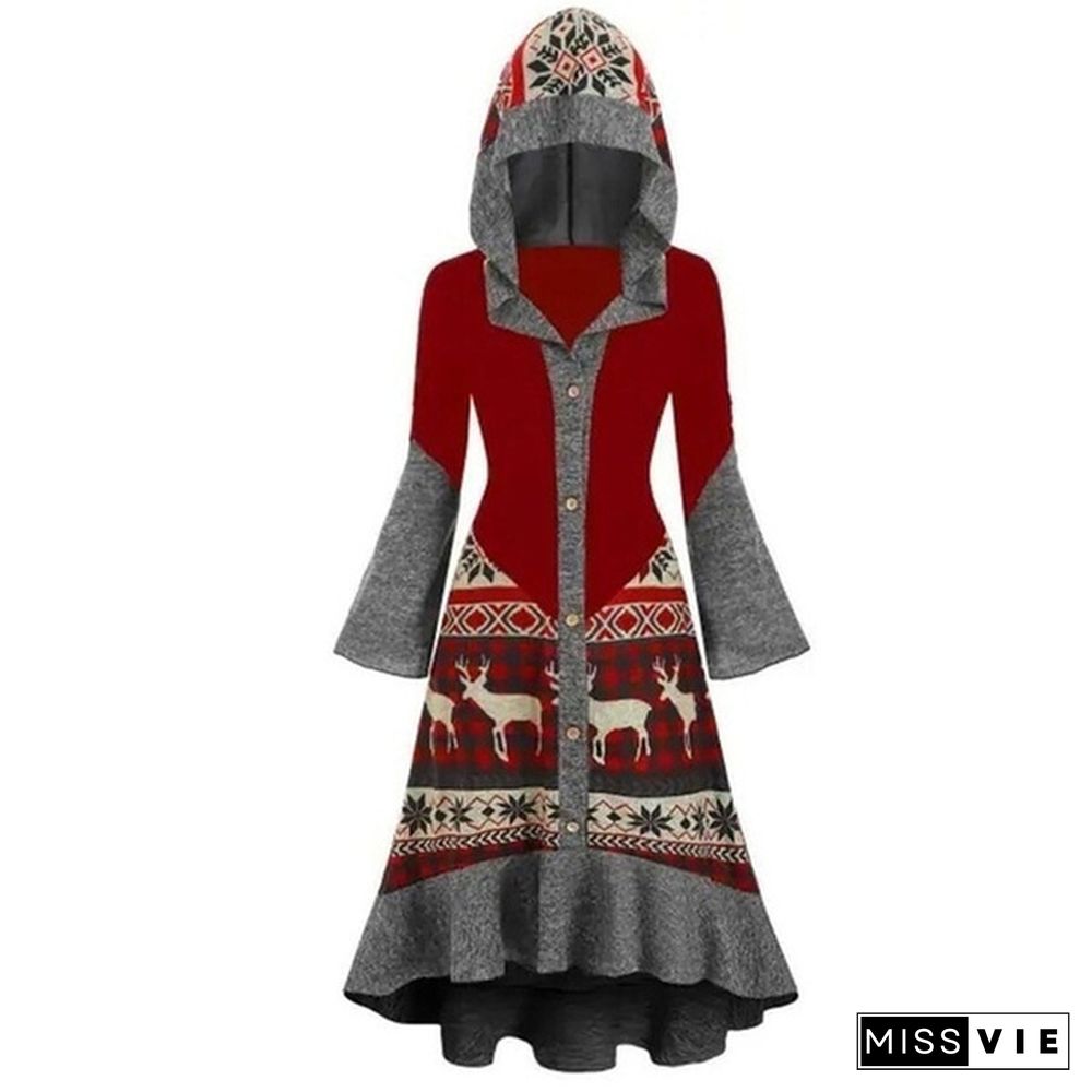 Womens Fashion Christmas Elk Printing Dress Long Section Hooded Ruffled Hem Cloak Knitted Dress Plus Size XS-5XL