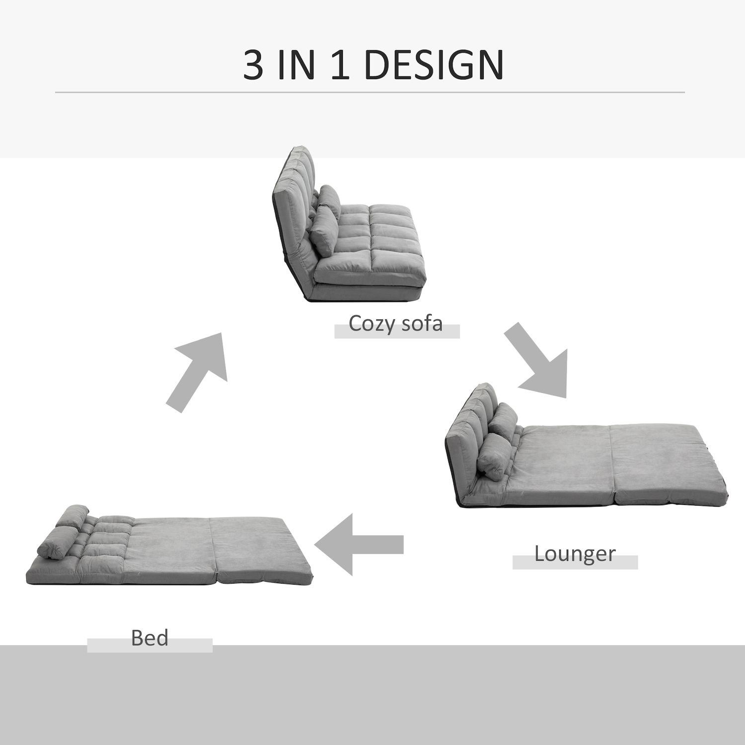 HOMCOM Convertible Floor Sofa Chair Folding Upholstered Couch Bed Adjustable Guest Chaise Lounge with Metal Frame and 2 Pillows Grey