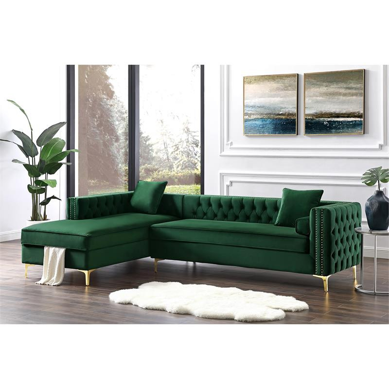 Levi Sofas Hunter Green Velvet 70L x 115W x 30H Gold Nailhead Trim Button Tufted   Midcentury   Sectional Sofas   by Homesquare  Houzz