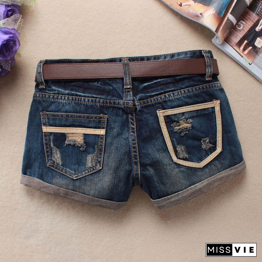 Fashion Summer Women Sexy Denim Shorts Frayed Hole Low Waist Skull Decoration Casual Jeans Shorts