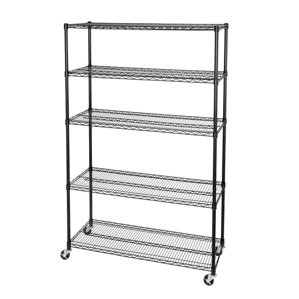 Seville Classics UltraDurable Black 5-Tier Adjustable Rolling Wire Steel Garage Storage Shelving (48 in. W x 75 in. H x 18 in. D) WEB725