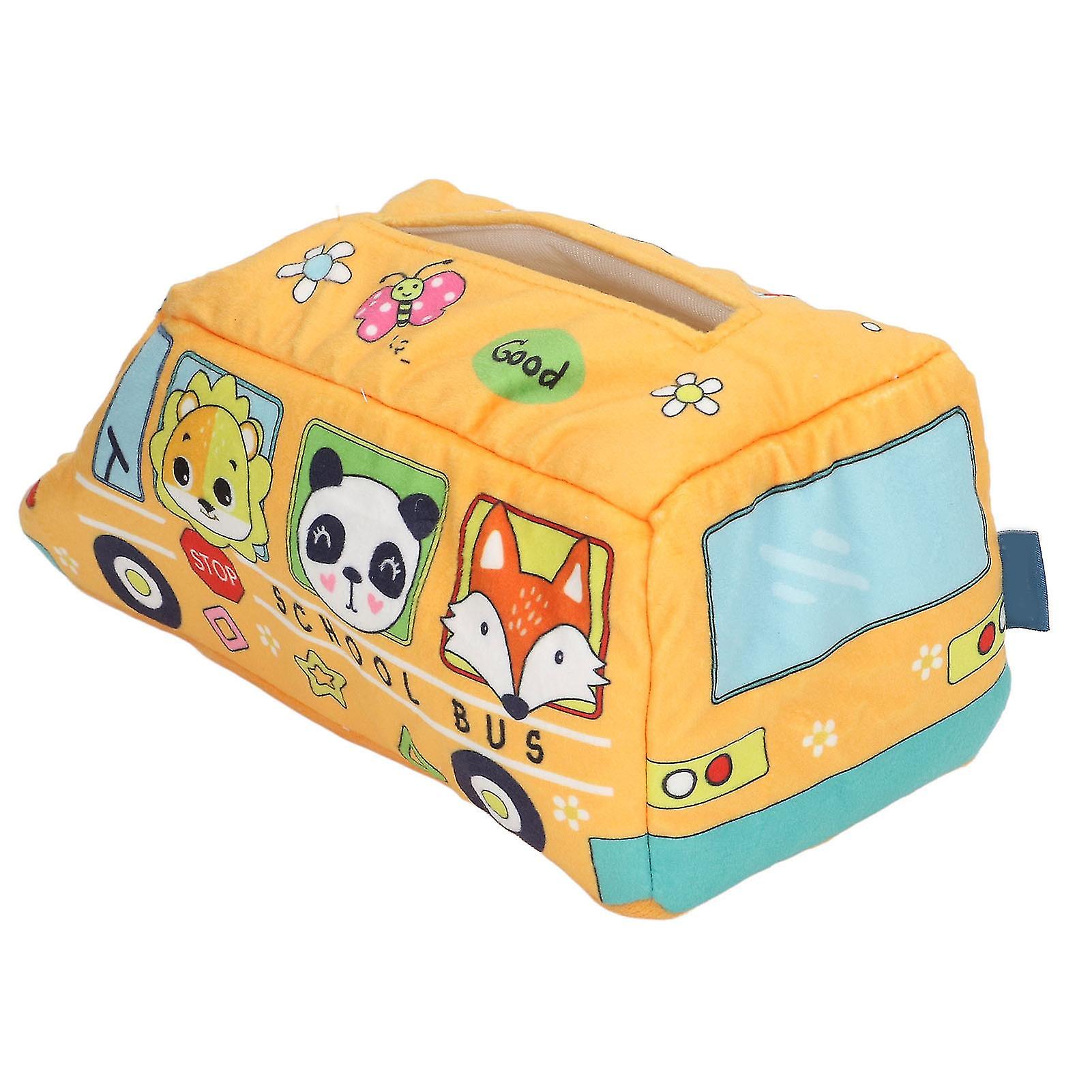 Baby Tissue Box School Bus Shape Educational Interesting Plush Material  Sensory Toy for Infants