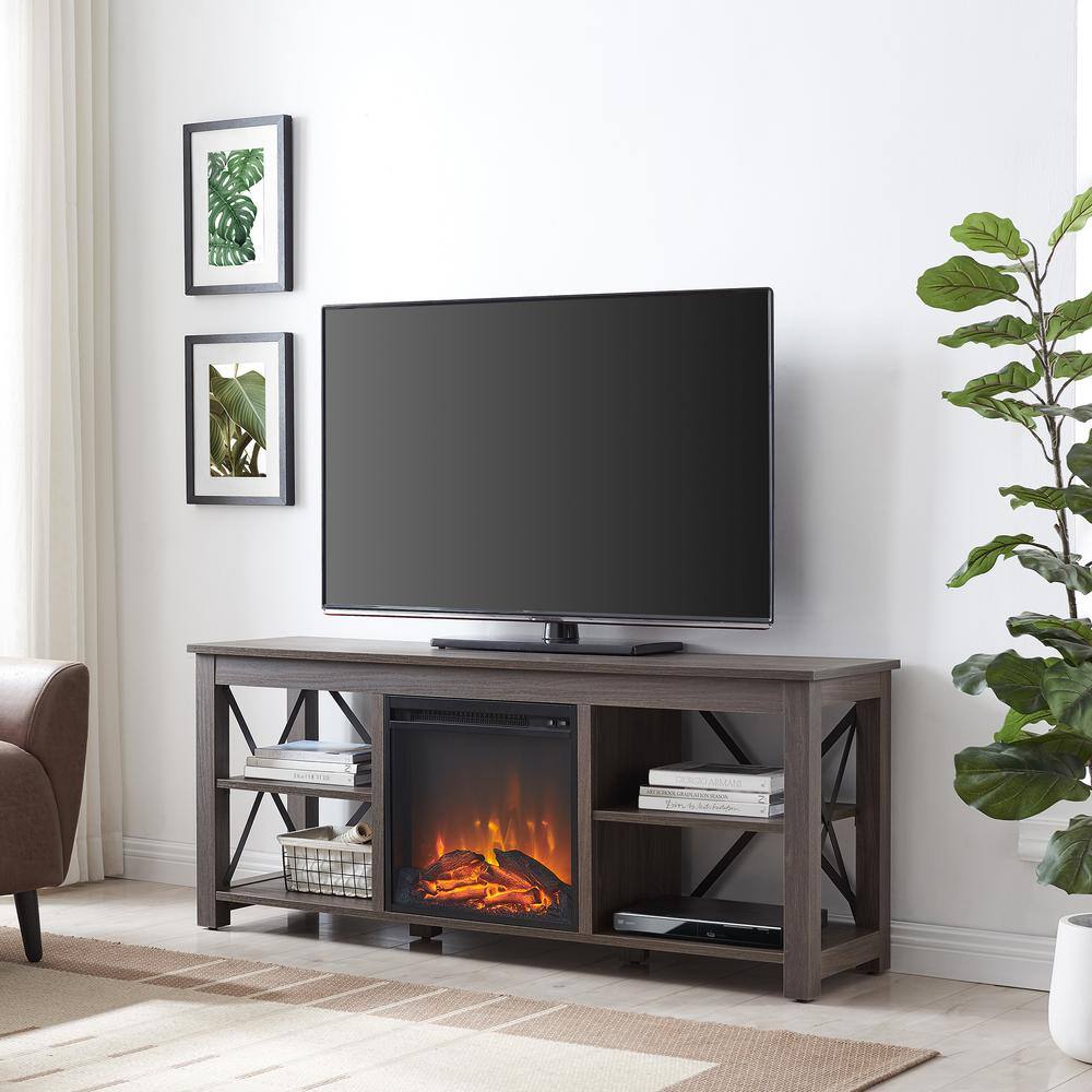 MeyerCross Sawyer 58 in. Alder Brown TV Stand with Log Fireplace Insert Fits TV's up to 65 in. TV1249