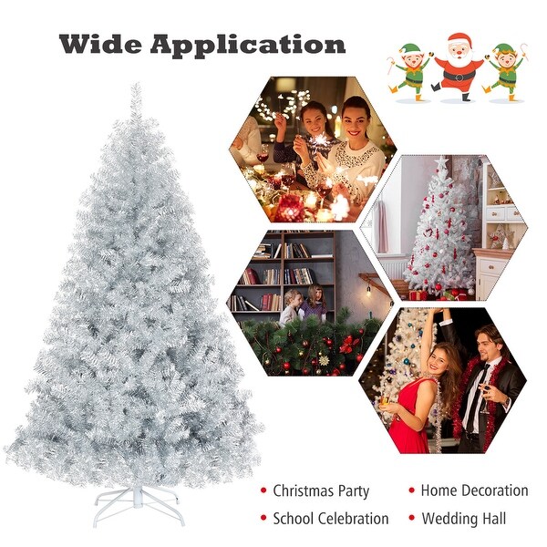 Gymax 6 FT Silver Tinsel Christmas Tree Artificial Hinged Tree Holiday