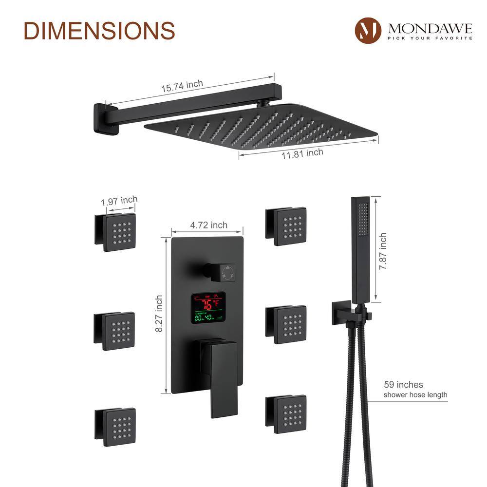 Mondawe LED Display 3 Spray Patterns 12 in. Wall Mount Fixed and Handheld Shower Head 2.5 GPM in Matte Black Valve Included WF6025BI-12BL