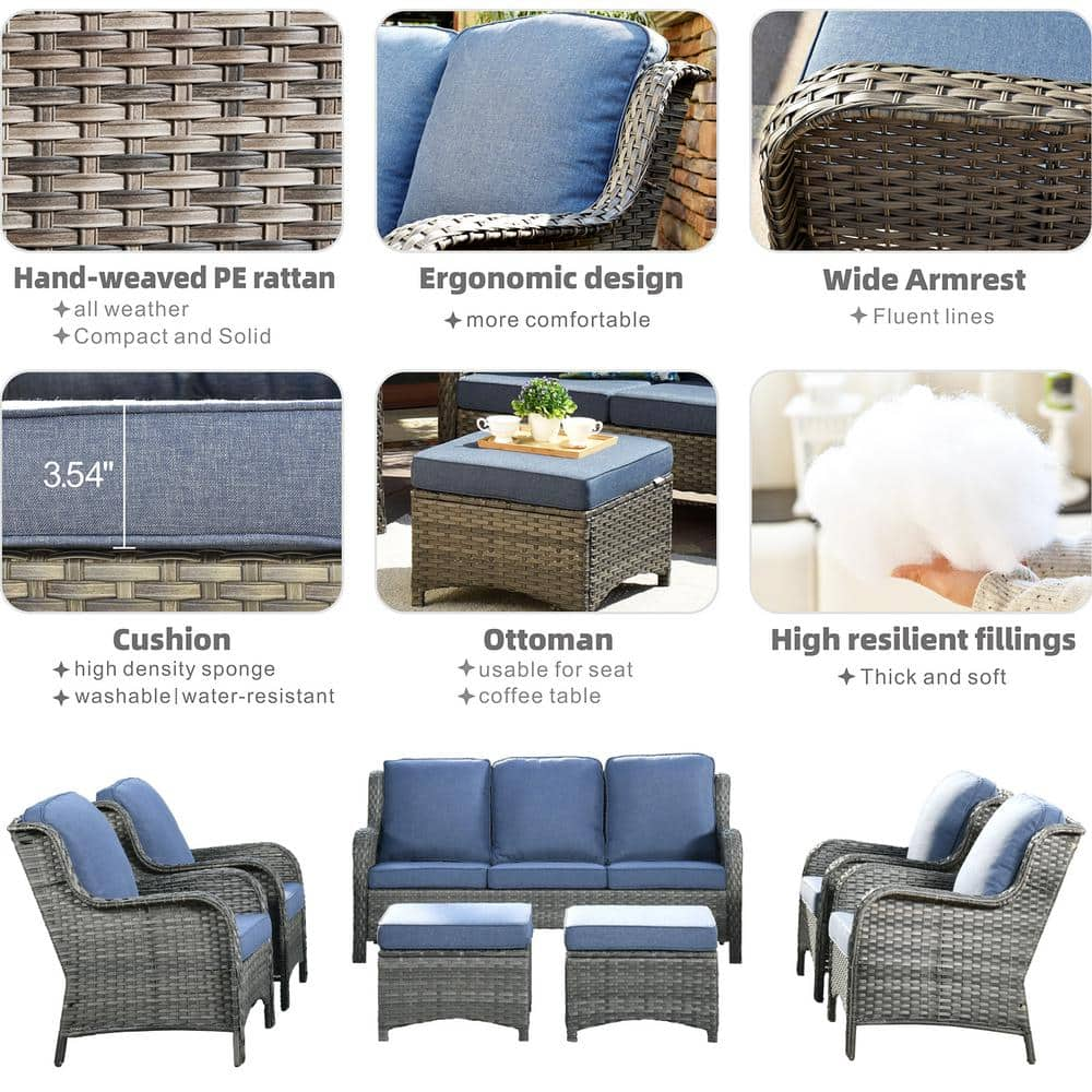 XIZZI Erie Lake Gray 7-Piece Wicker Outdoor Patio Conversation Seating Sofa Set with Denim Blue Cushions ZGNTC307DB