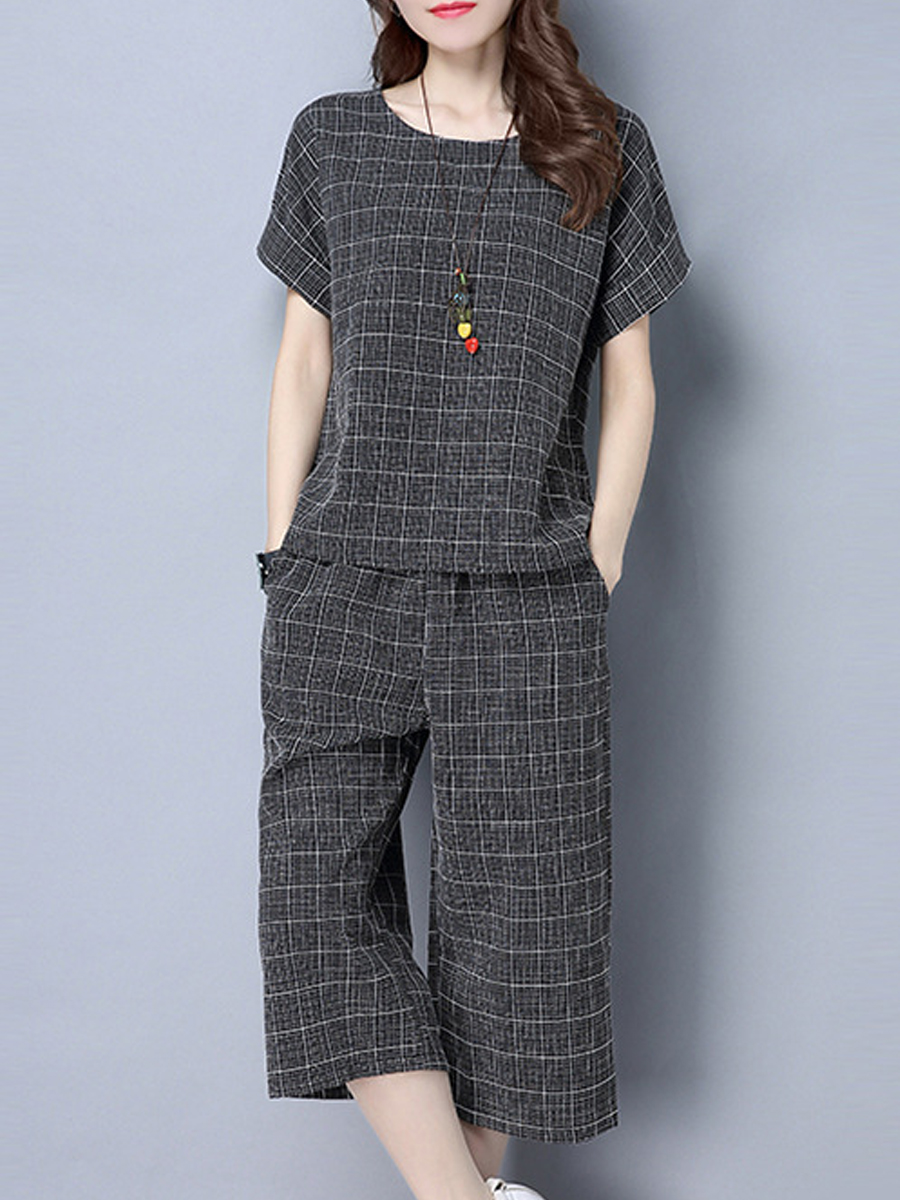 Round Neck  Checkered Blouses And Bottoms Suits