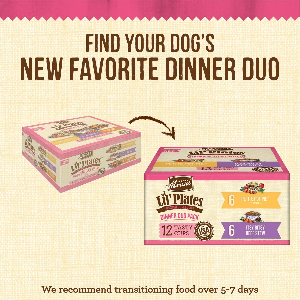 Merrick Lil’ Plates Dinner Duos Itsy Bitsy Beef Stew and Petite Pot Pie Variety Pack Grain-Free Wet Dog Food