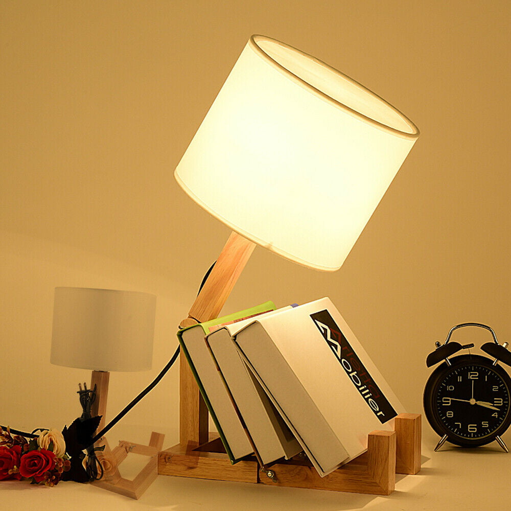 MIDUO Bedside Wooden Table Lamp Foldable Fabric Desk Lamp Modern Lampshade for Bedroom Office 110v