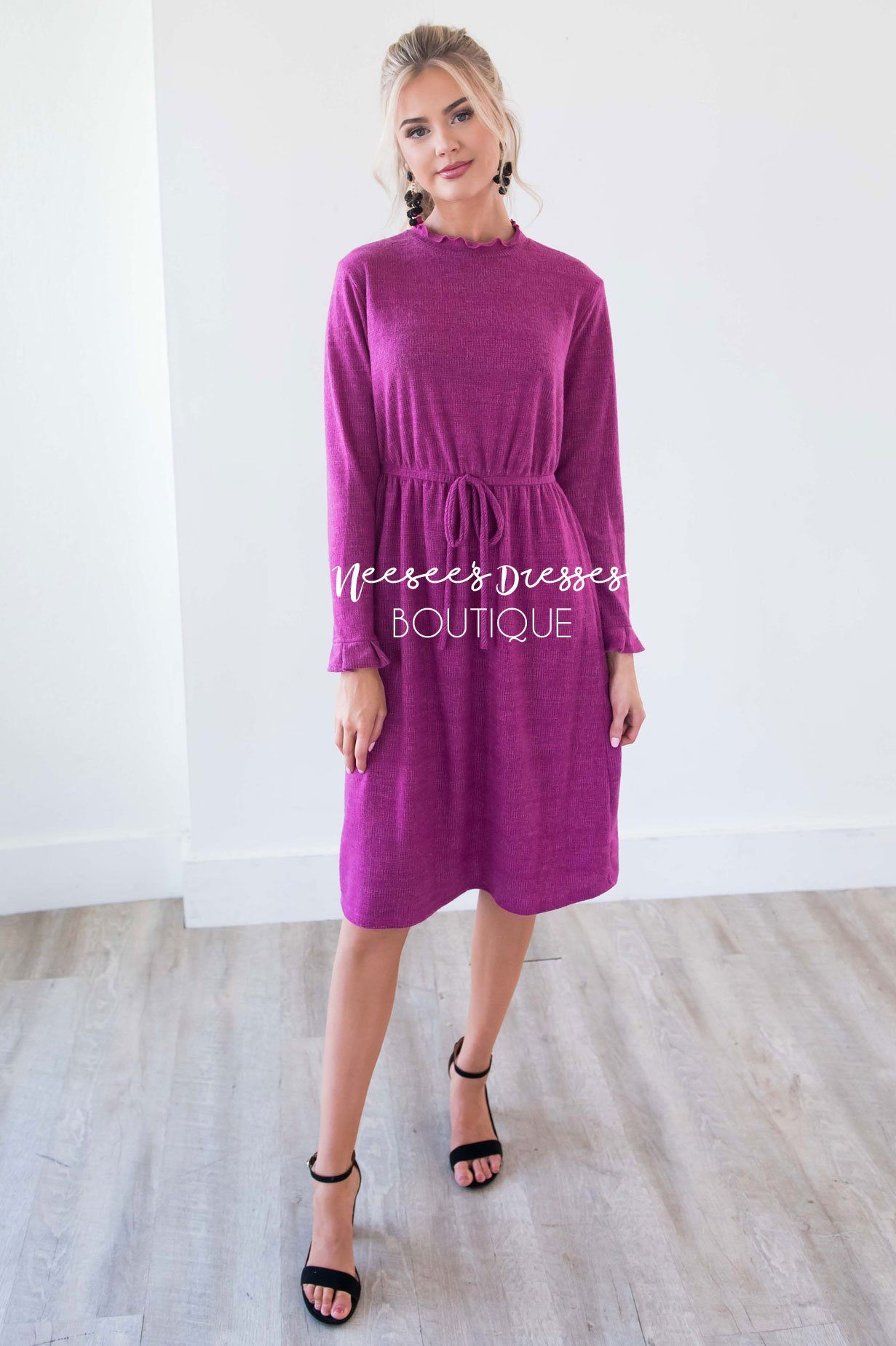 The Keely Ruffle Neckline & Wrists Sweater Dress