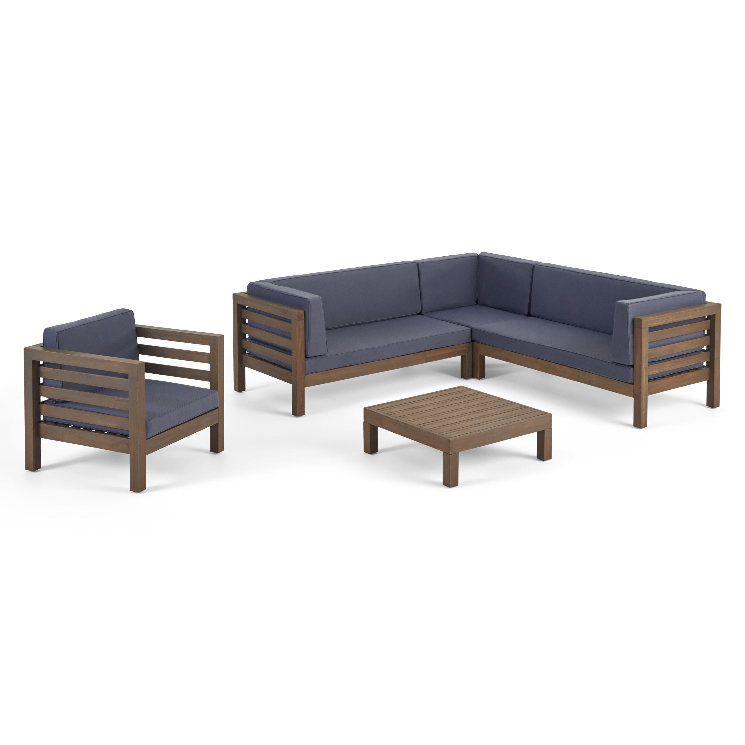 Emma Outdoor 6 Seater Acacia Wood Sectional Sofa and Club Chair Set