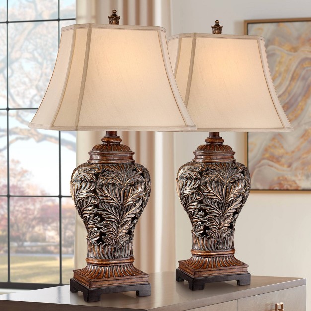 Tall Set Of 2 Bronze Curling Leaves Tan Rectangular Shade For Living Room Family Bedroom Bedside