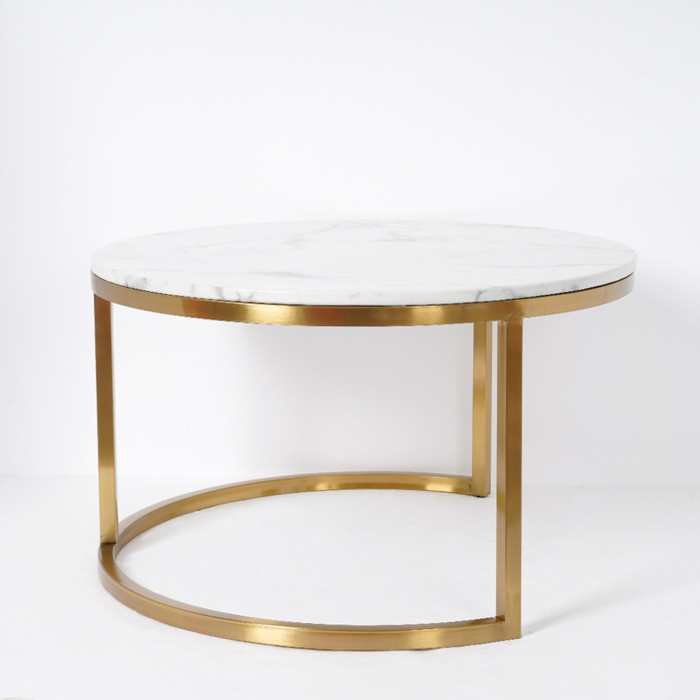 Modern Round Coffee Table Gold Metal  ampWhite Marble Accent Table with Set of 2   Contemporary   Coffee Table Sets   by Homary International Limited  Houzz