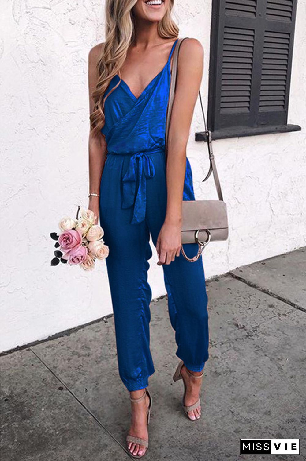 Blue Solid Color Slip Jumpsuit With Belt