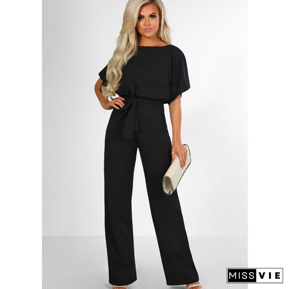 Button Lace-up Short-sleeved Jumpsuit