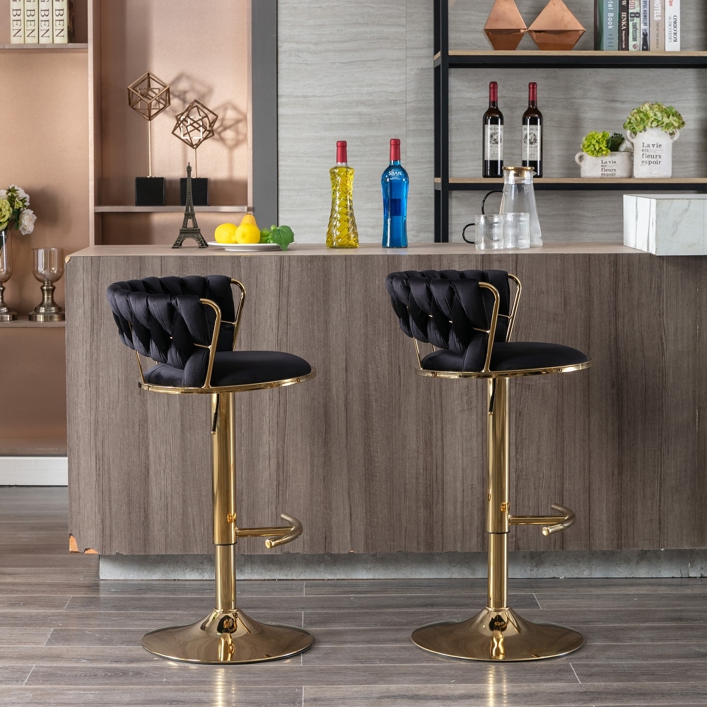 Modern Retro Height Adjustable Counter Chair Swivel Bar Stools Set of 2 with Velvet Woven Backrest Handrail and Footrest