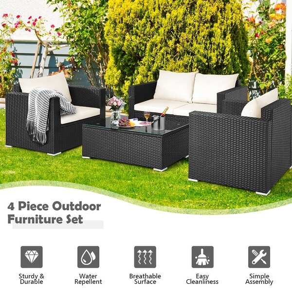 Costway 4PCS Patio Rattan Furniture Set Cushioned Sofa Chair Coffee