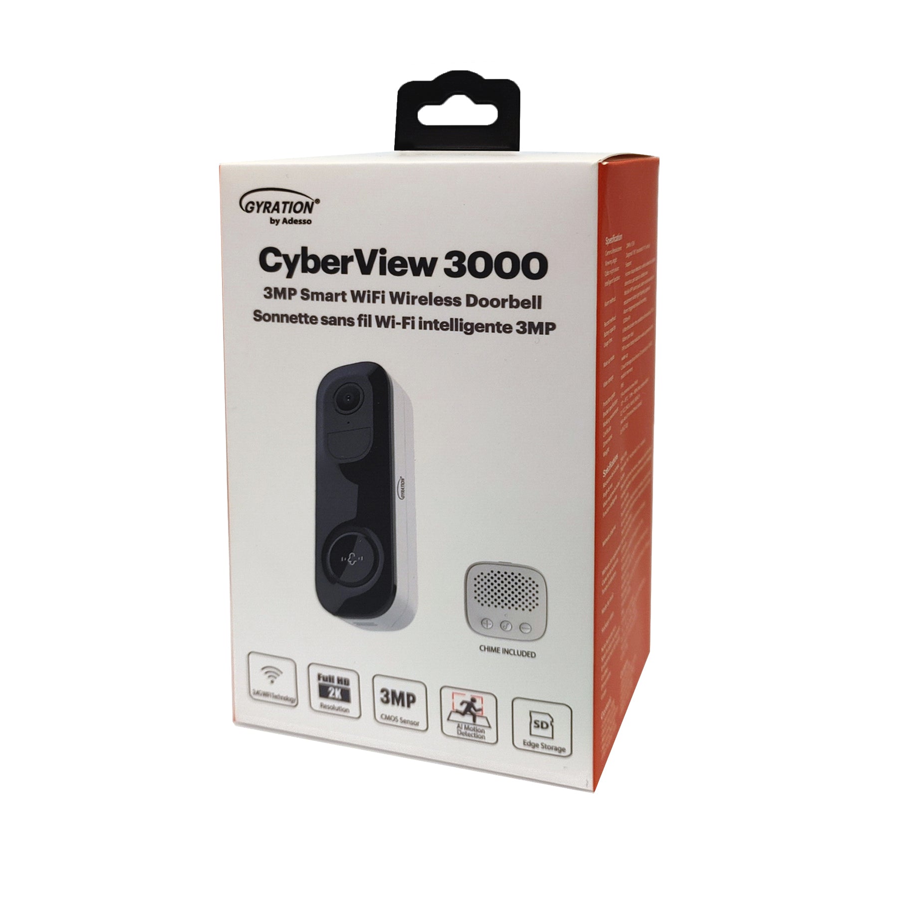 Gyration Cyberview 3000 3MP Outdoor/Indoor Battery & AC Powered Video Doorbell with WiFi