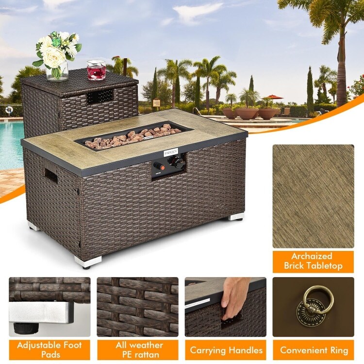 32 Inch x 20 Inch Propane Rattan Fire Pit Table Set with Side Table Tank and Cover Coffee   32\