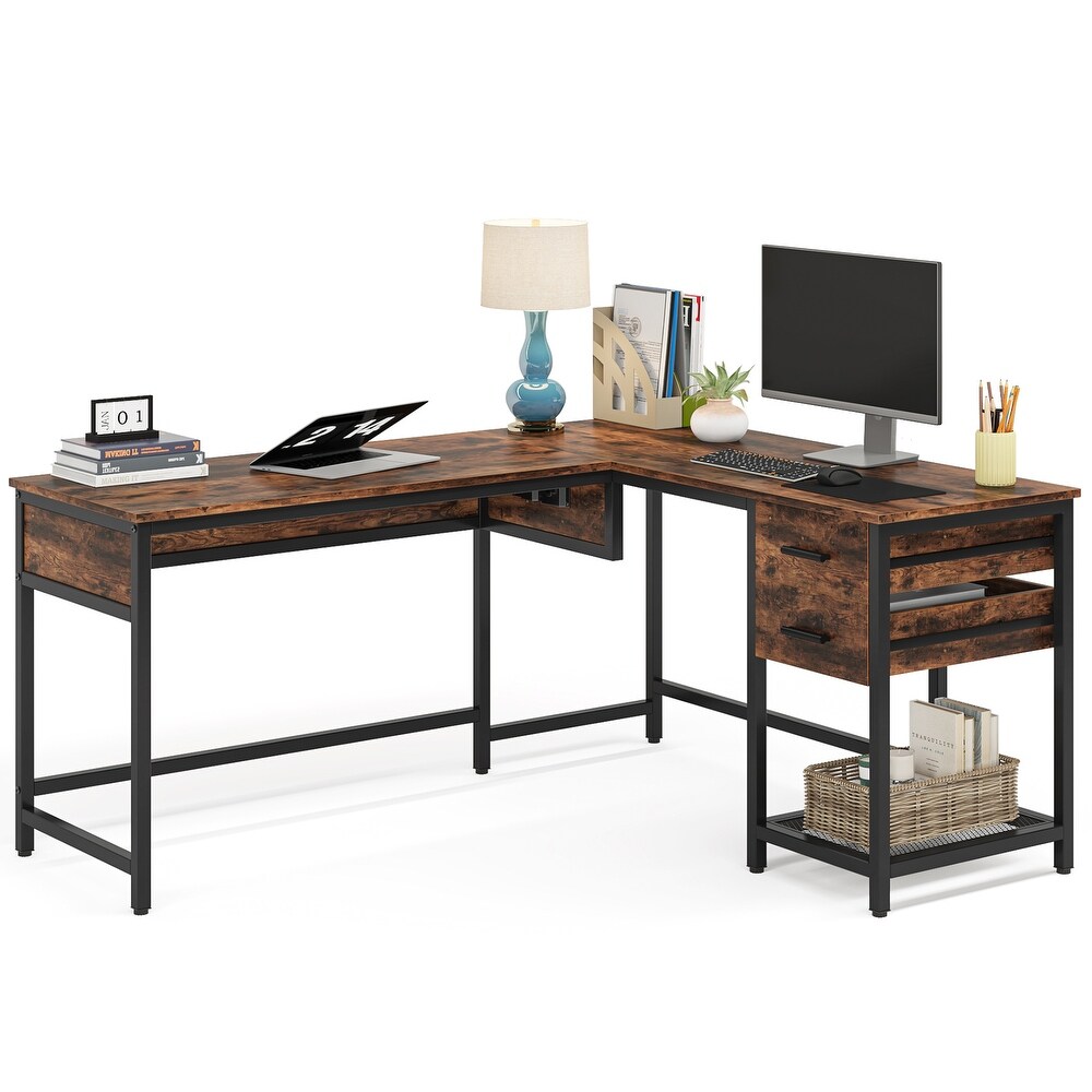 Wood Solid 59’’ L shaped Computer Corner Desk with Lift Top  Industrial Writing Table with Drawers and Storage Shelves