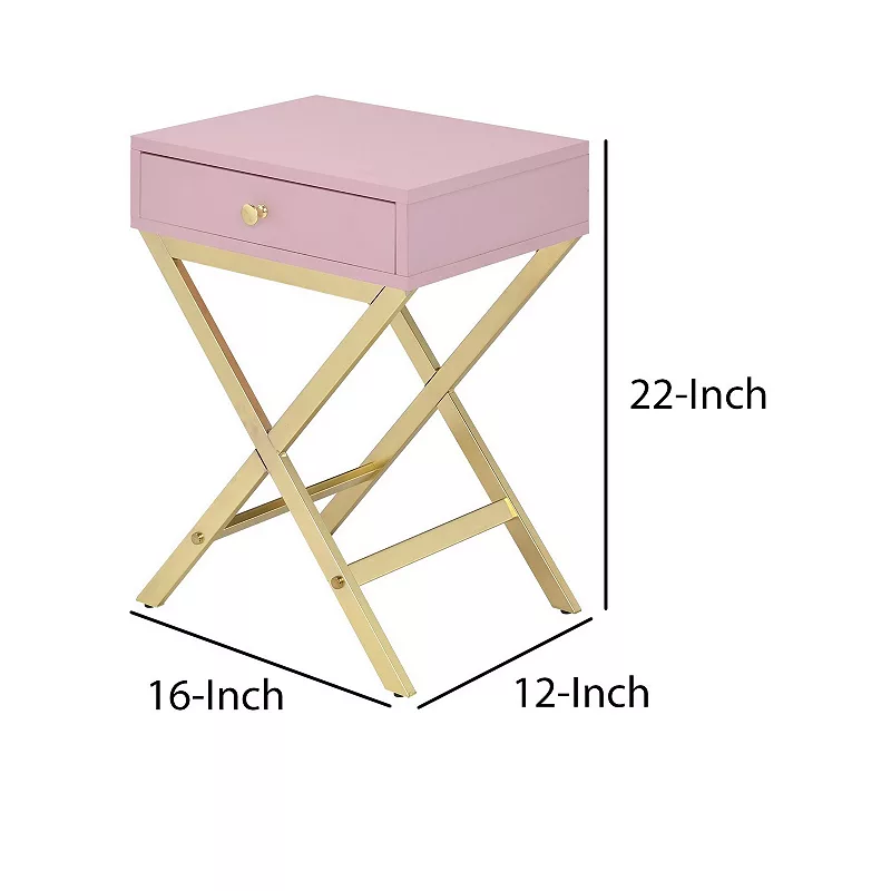 Wood and Metal Side Table with Crossed Base， Pink and Gold