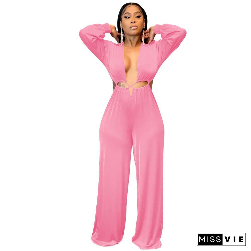 Low Cut Deep V Hollow Out Wide Leg Jumpsuit