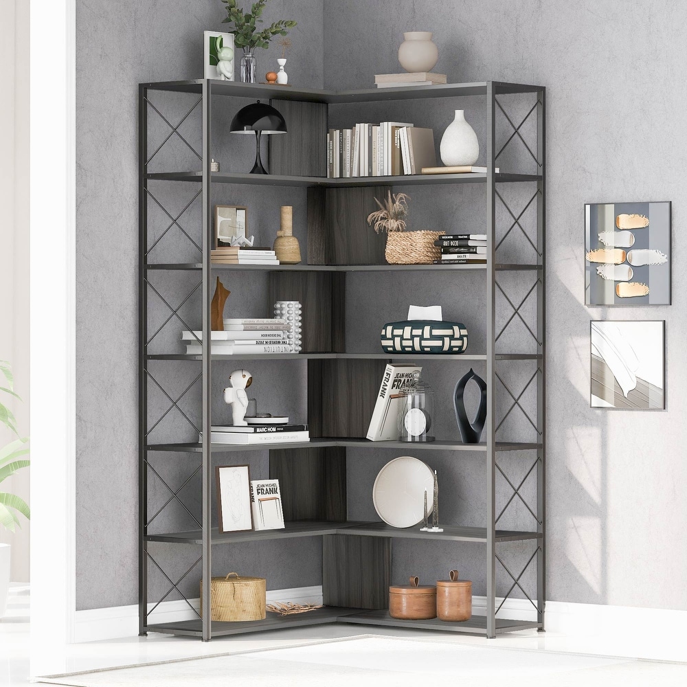 7 Tier Bookcase Home Office Bookshelf  L Shaped Corner Bookcase with Metal Frame