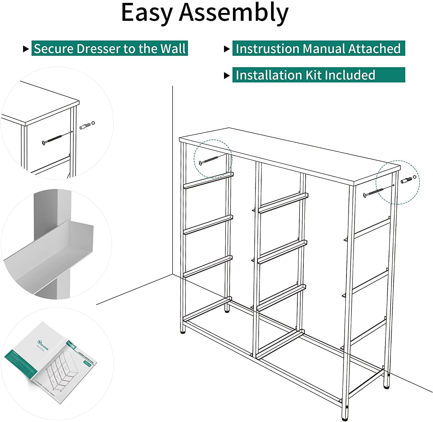 YITAHOME Vertical Dresser with 8 Fabric Drawers Bins for Bedroom, Organizer Storage Tower Cabinet with Shelf, Light Gray