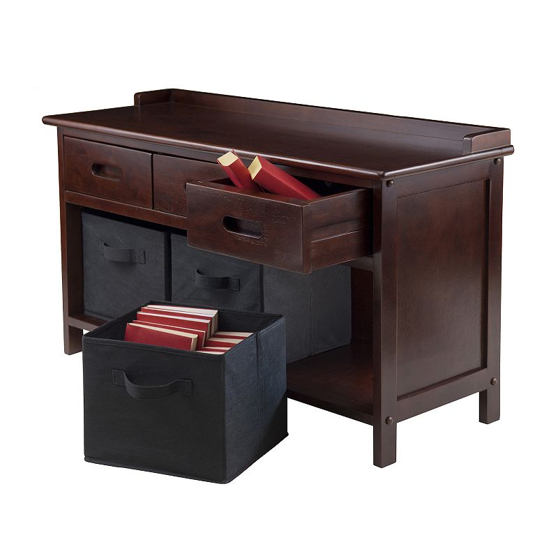 38.25 Walnut Wood Storage Bench with 3 Foldable Black Fabric Baskets