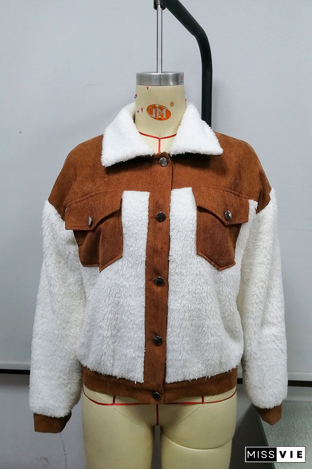 Brown Corduroy Splicing White Fleece Crop Jackets