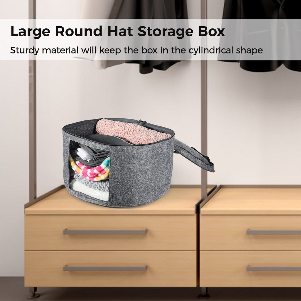 Large Round Hat Storage Box, 17x17x10in Hat Travel Case with Handle Foldable Felt Storage container with Zipper Lid for Women Storage