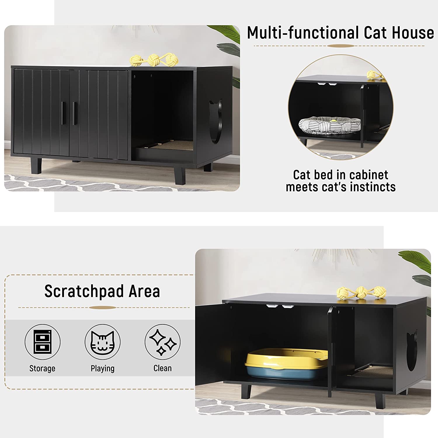 KIGOTY 33''L Cat Litter Box Enclosure， Cat Litter Box Furniture Hidden Cat Washroom Furniture House Table Nightstand with Cat Scratch Pad， Black