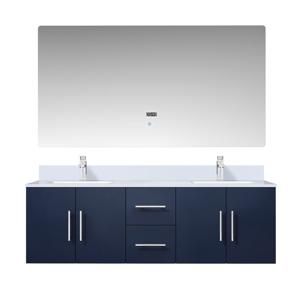 Geneva 60 in. W x 22 in. D Dark Grey Double Bath Vanity  Carrara Marble Top  Faucet Set  and 60 in. LED Mirror