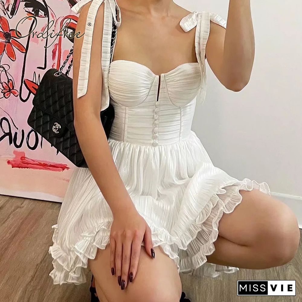 Summer Women Ruffle Mini Dress Vintage Floral Print Spaghetti Strap Chiffon Short White Beach Sexy Corset Dress