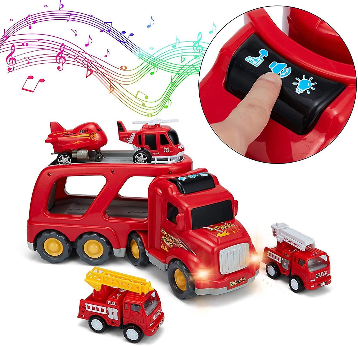 Fire Truck Car Toys Set With Sound and Lights， 1 Transport Cargo Truck， 2 Emergency Rescue Vehicles， 1 Helicopter， 1 Airplane， 5 In 1 Play Vehicle Toys