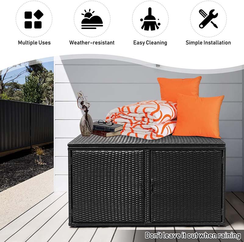 88 Gallon Patio Wicker Storage Box Rattan Deck Bench with Openable Door