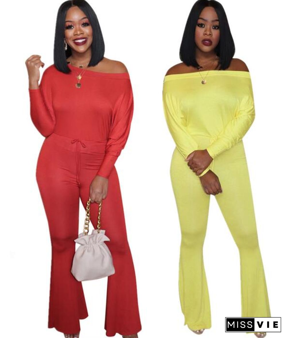 Sexy Off Shoulder Solid Color Long Flared Jumpsuit