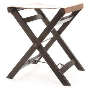 Dark Wood and Rugged White Leather Folding Stool