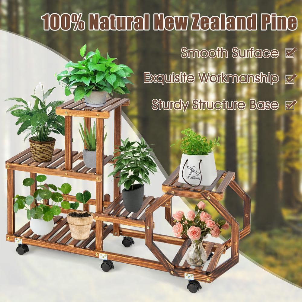 HONEY JOY 8 Potted Plant Stand Rack 100% Pine Wood Flower Pot Holder Shelf Multi-Layer Flower Stand with Wheels (6-Tier) TOPB006549