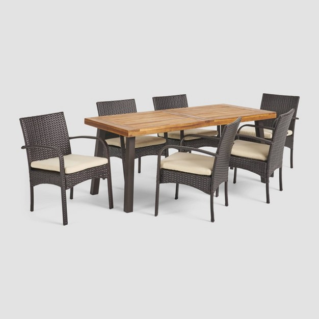 Bavaro 7pc Rectangle All weather Wicker And Wood Patio Dining Set Brown cream Christopher Knight Home