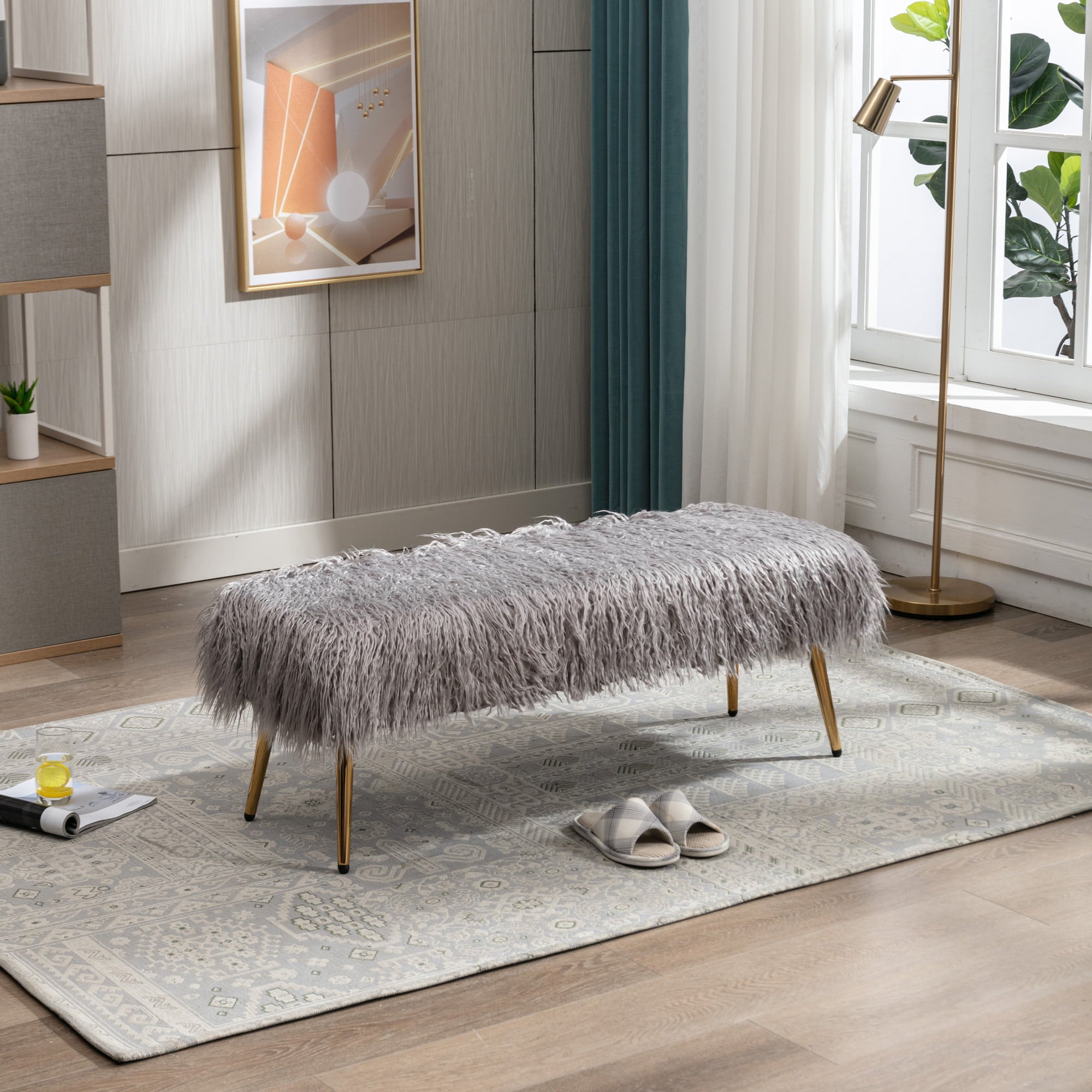 Sportaza Faux Fur Plush Bench, Modern Fluffy Upholstered Bench for Entryway Dining Room Living Room Bedroom, GRAY