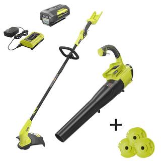 RYOBI 40V Cordless Battery String Trimmer and Jet Fan Blower Combo Kit wExtra 3-Pack of Spools 4.0 Ah Battery and Charger RY40930-AC