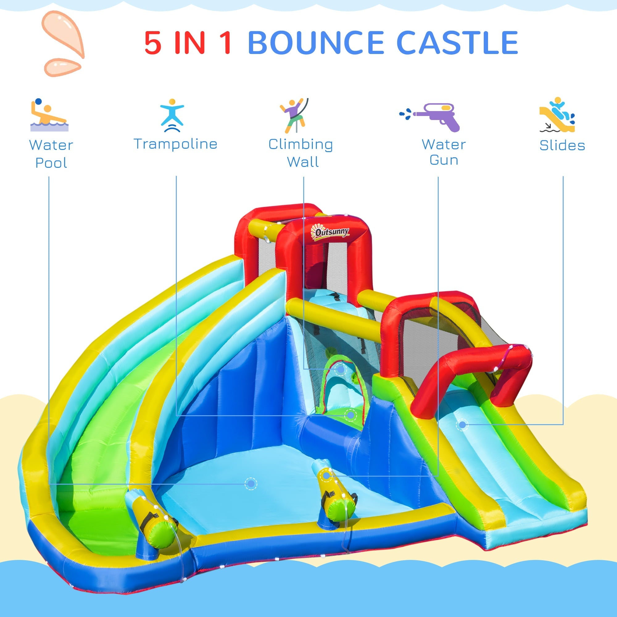 Outsunny 5-in-1 Water Slide Kids Inflatable Bounce House Water Park Jumping Castle Includes Trampoline Slide Water Pool Cannon Climbing Wall with Carry Bag, Repair Patches without Air Blower