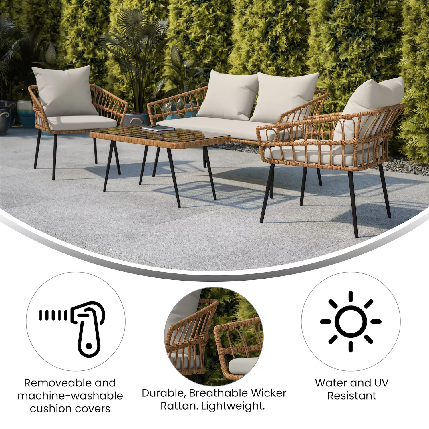 Flash Furniture Evin Boho Faux Rattan Outdoor Chairs， Loveseat， and Tempered Glass Top Coffee Table 4-piece Set