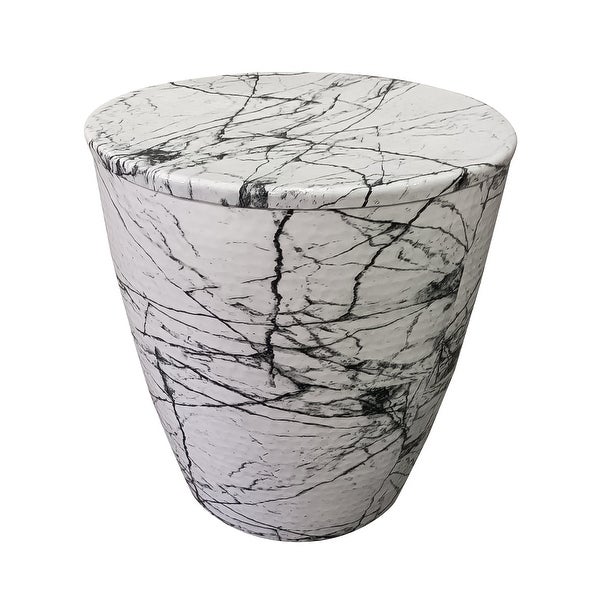 16 Inch Round Accent Side Table， Aluminum Sheet， Faux Marble， Enamel Coating， White