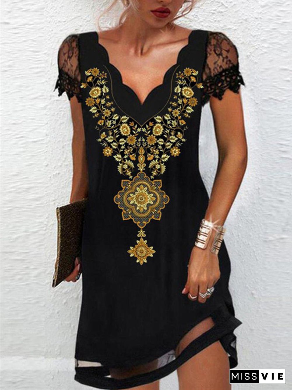 Women Short Sleeve V-neck Lace Floral Printed Midi Dress