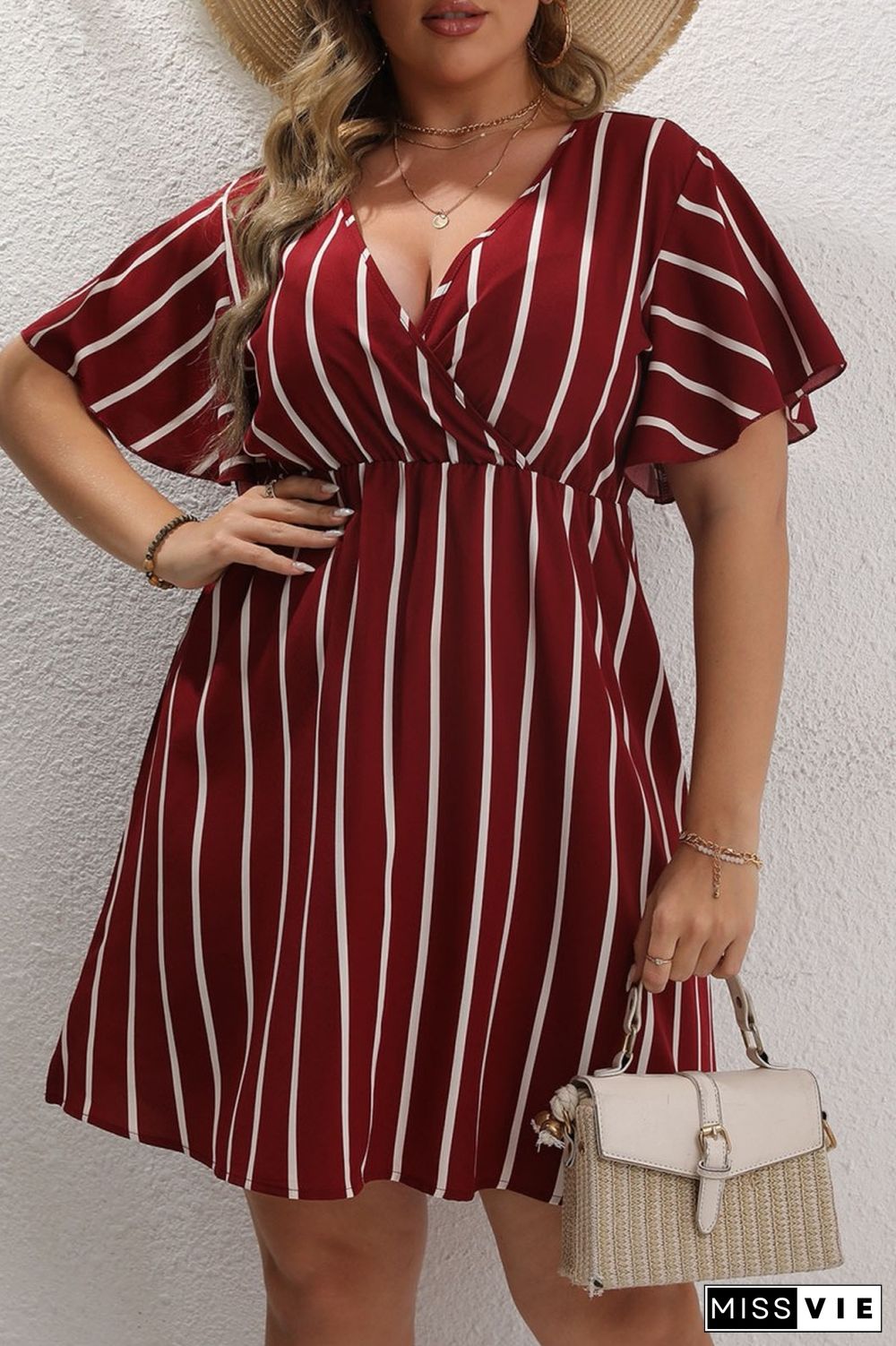 Black Casual Striped Print Patchwork V Neck Short Sleeve Dress Plus Size Dresses