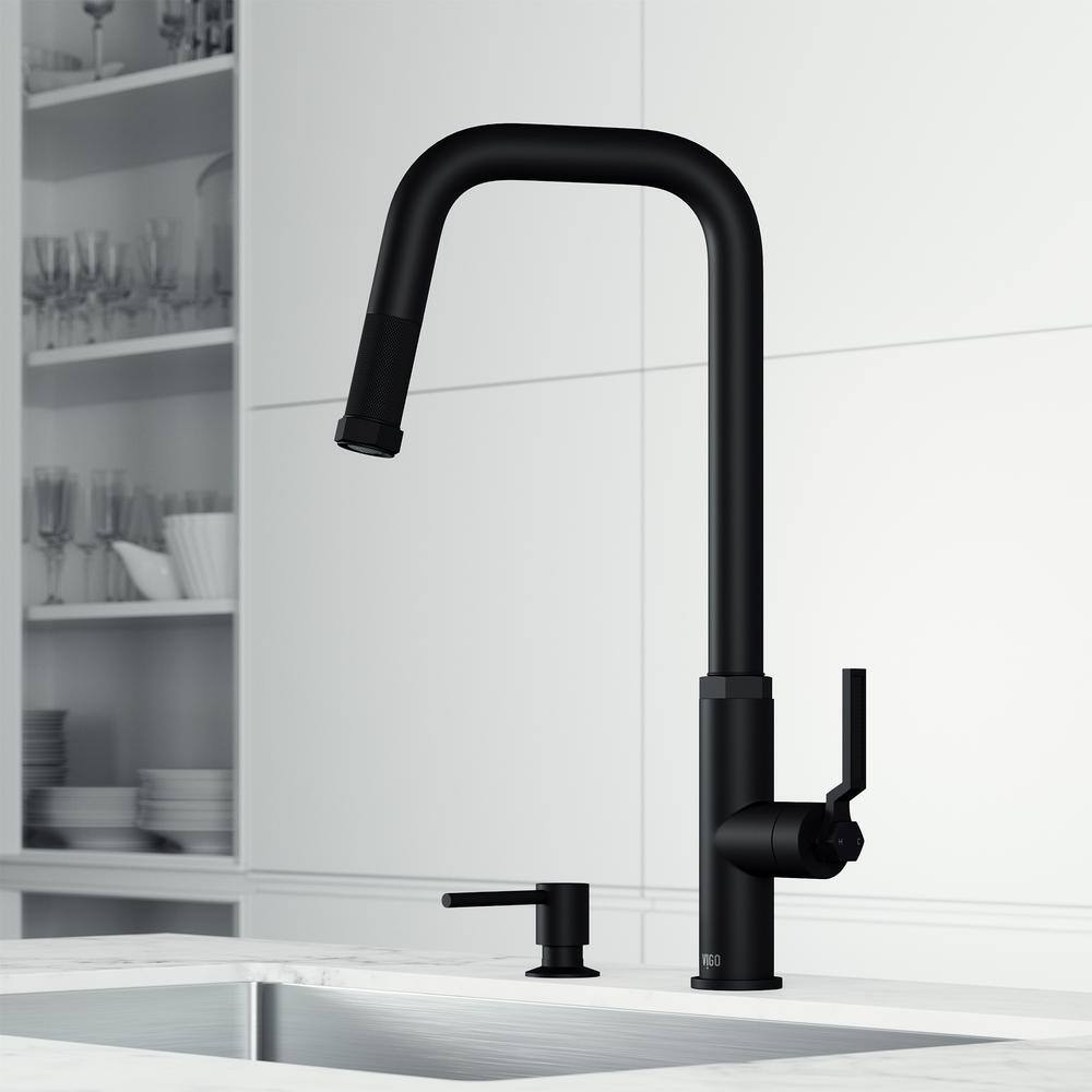 VIGO Hart Angular Single Handle Pull-Down Spout Kitchen Faucet Set with Soap Dispenser in Matte Black VG02036MBK2