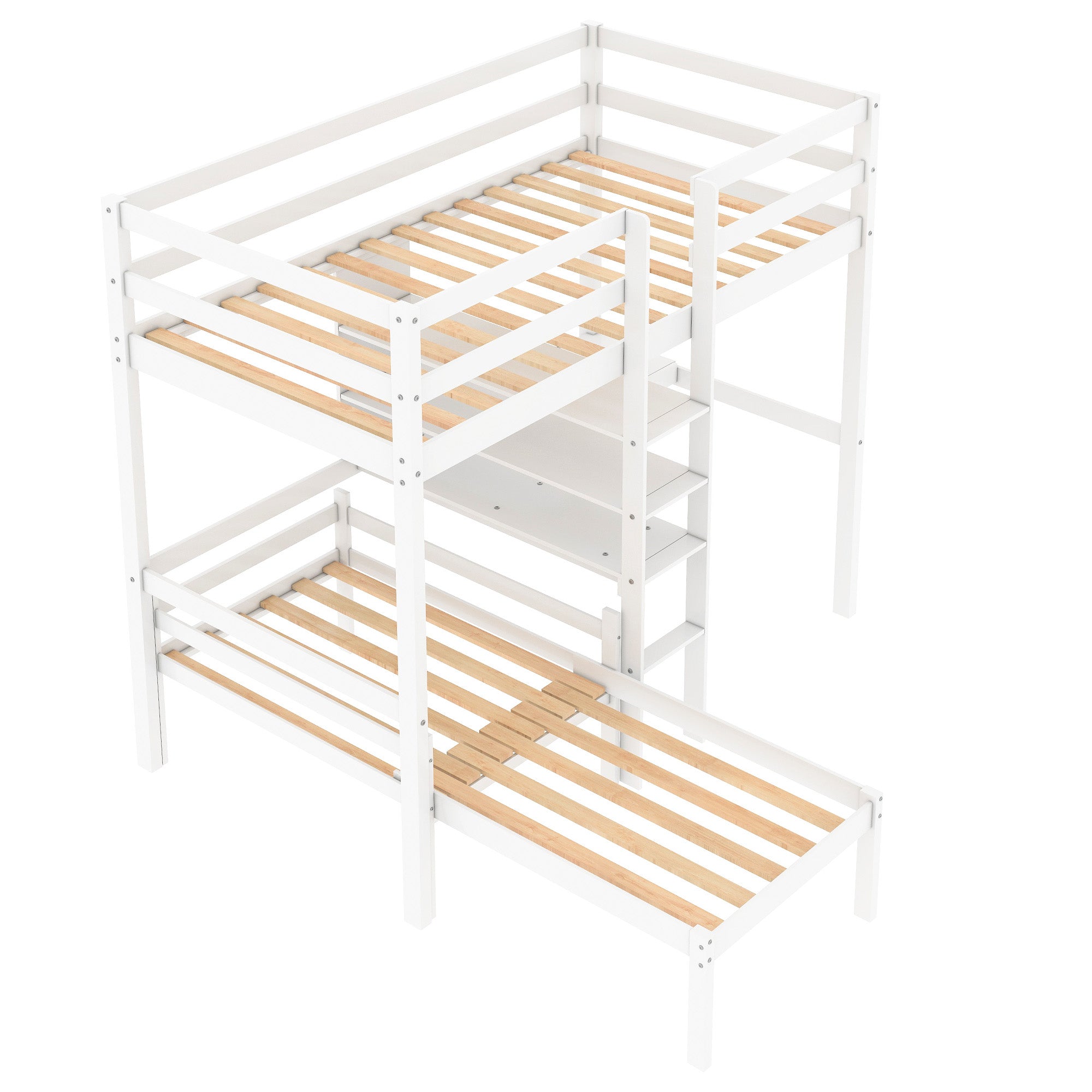 Euroco Twin Size Wood Bunk Bed with Shelves & Desk for Kids Bedroom, White