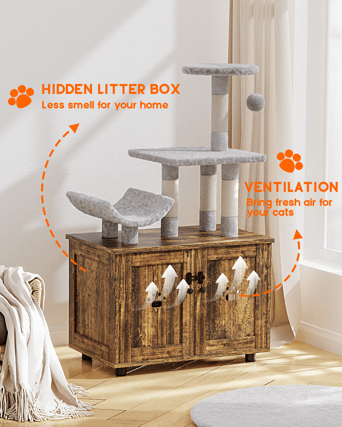 Lulive Cat Tree with Cat Litter Box Enclosure, All-in-one Cat House with Platform Scratching Post Condo, Brown